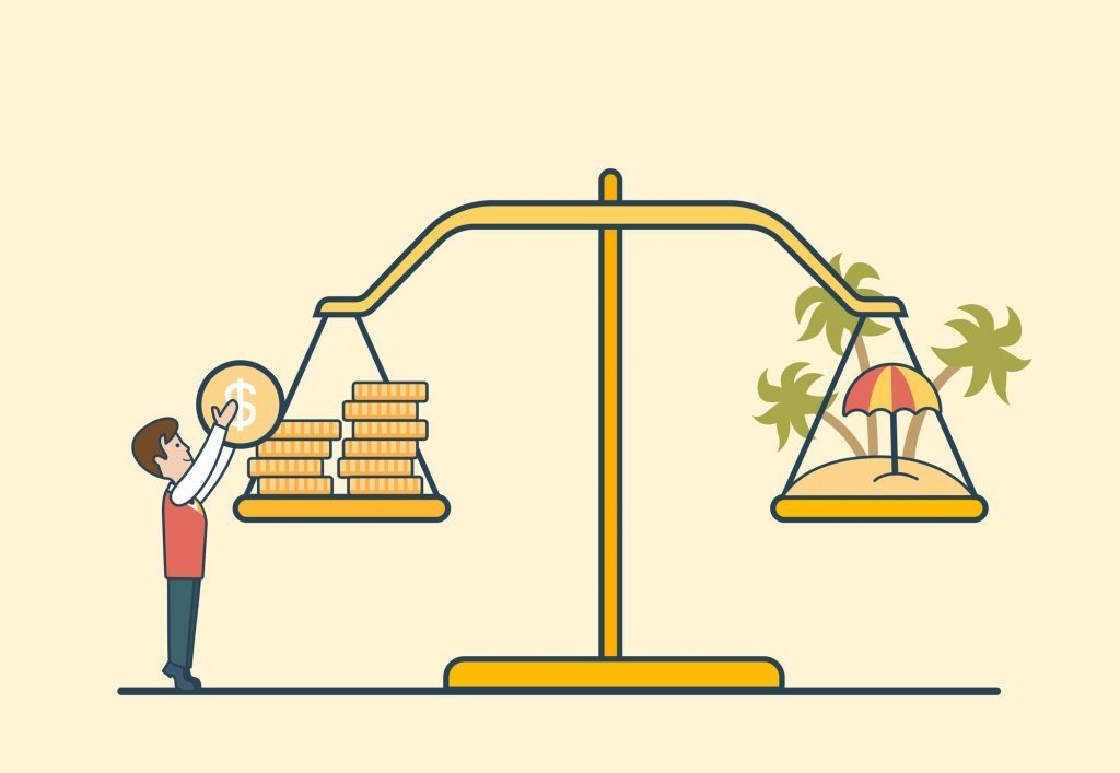 Linear Flat Dollar coins and island on scales, man putting coin to balance libra vector illustration. Vacation and travel investment concept.